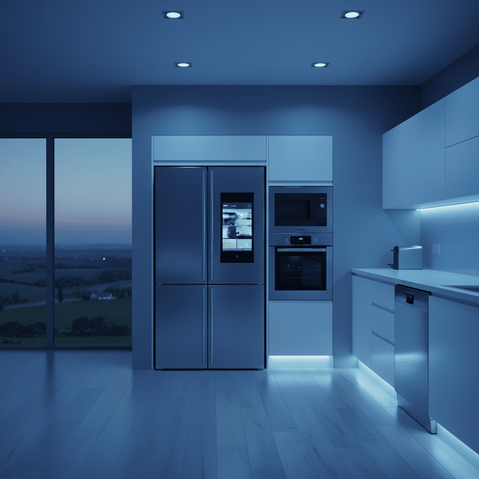 Cuisine moderne avec éclairage bleu.