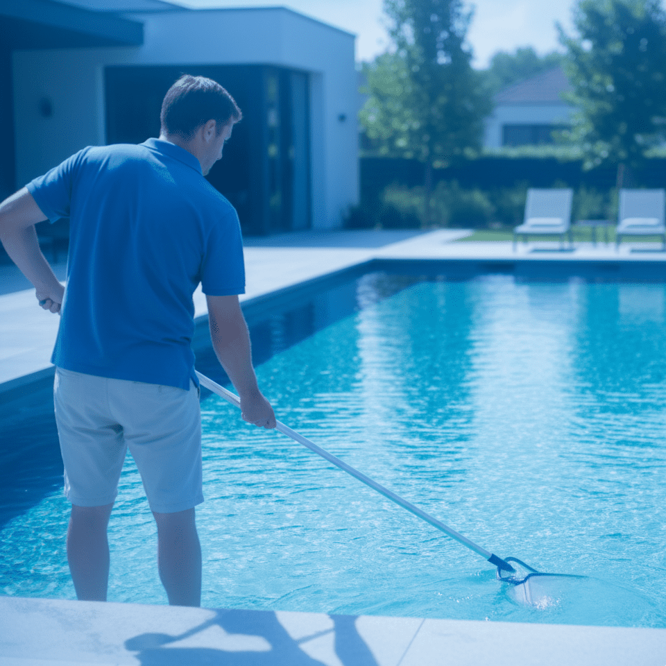 Piscines - Une personne en train de nettoyer la surface d'une piscine avec un filet