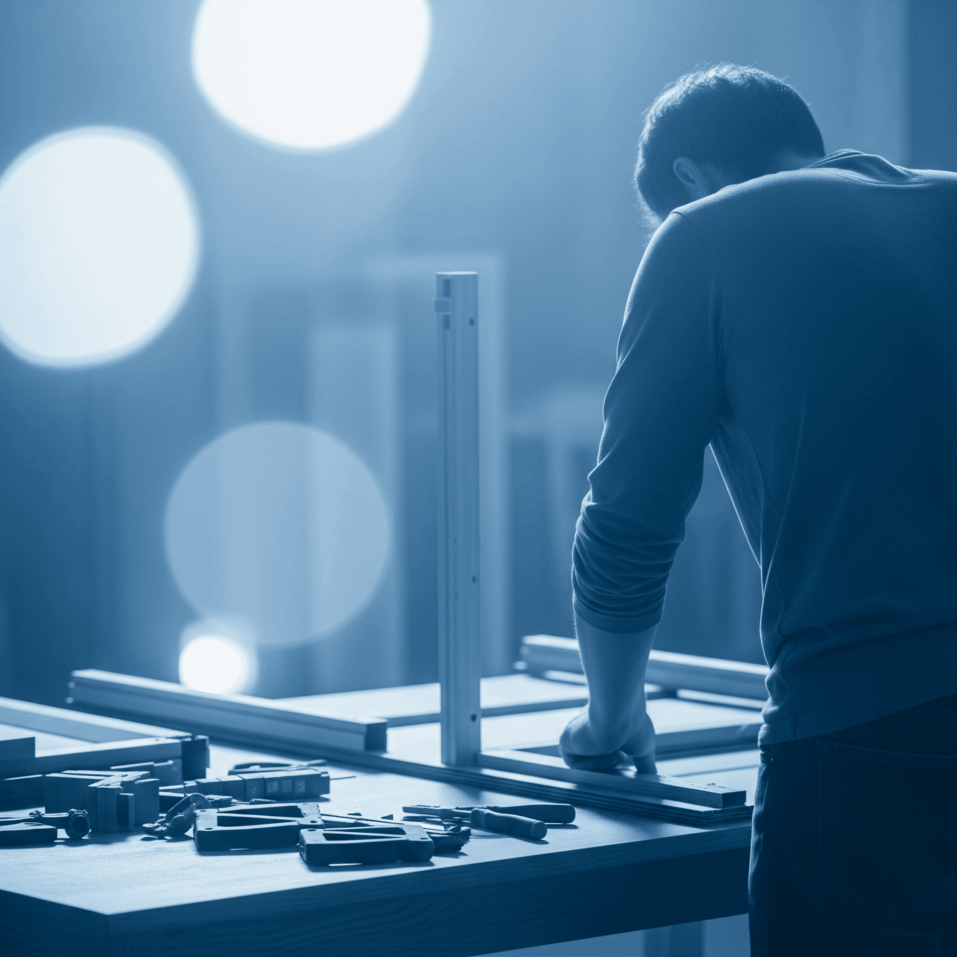 Montage - Une personne effectue un montage sur un établi