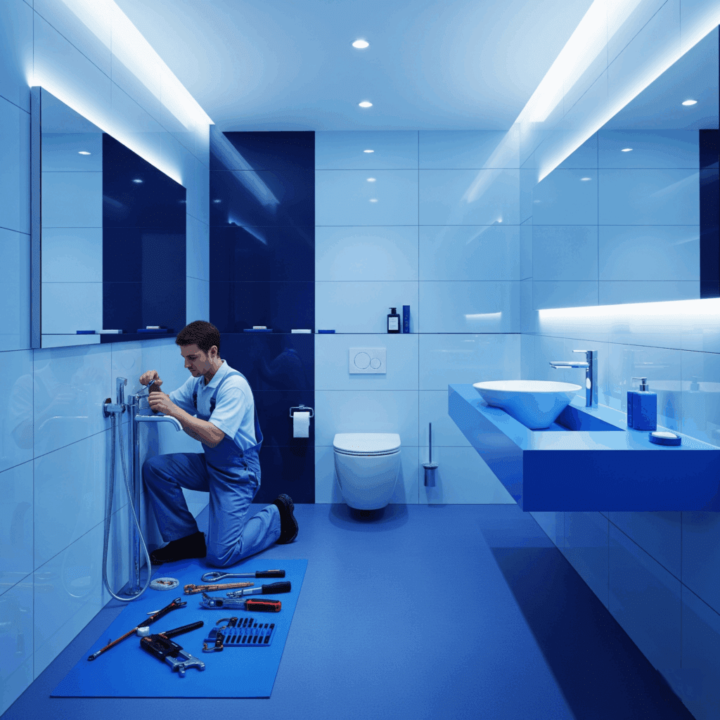 Sanitaires - Plombier travaillant dans une salle de bain.